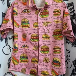 Tai Zhong Hua button down fast food shirt. Medium. Hamburger hot dog fry pizza